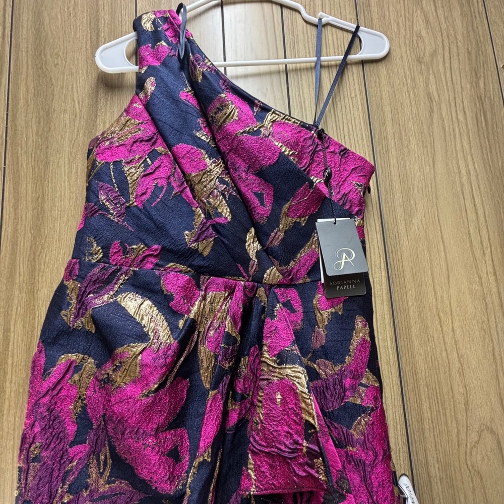 Adrianna Papell One Shoulder Jacquard Gown Navy Pink Gold Floral 2P AP1E211592
